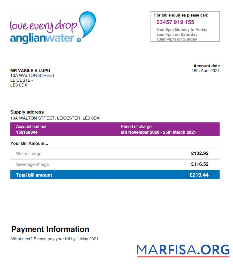 Realistic USA ANGLIAN WATER utility bill Word and PDF template